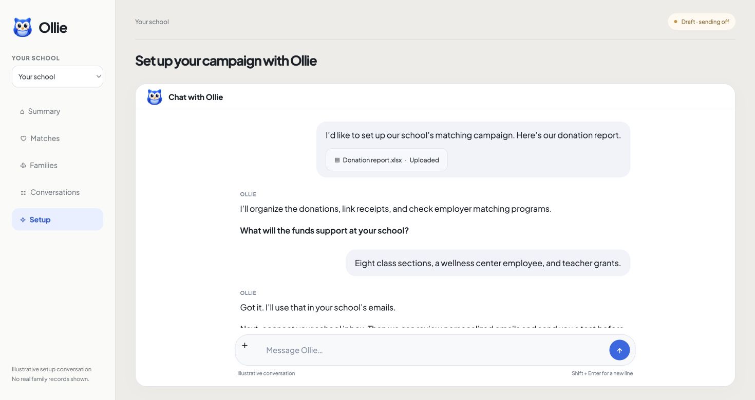 Illustrative Ollie conversation showing a donation report upload and a question about the fundraising purpose.
